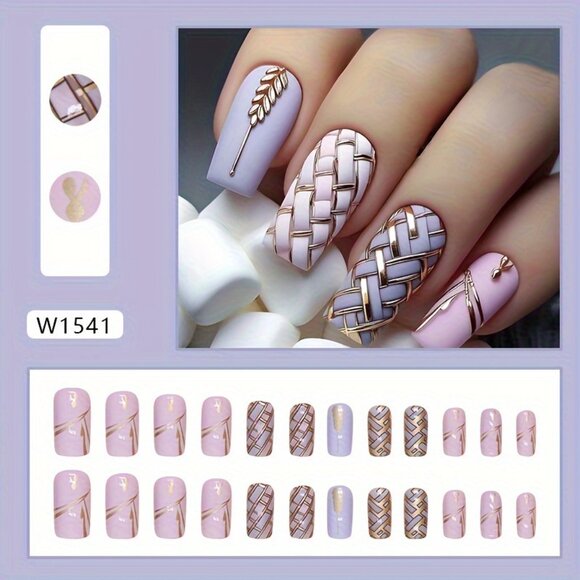 24pcs Set of Glossy Purple Press-On Nails with Wheat Design - Long Square Shape - Picture 2 of 7